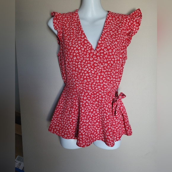 Monteau Red Floral Blouse with Ruffle Sleeves, More Like A Small. - Picture 1 of 4